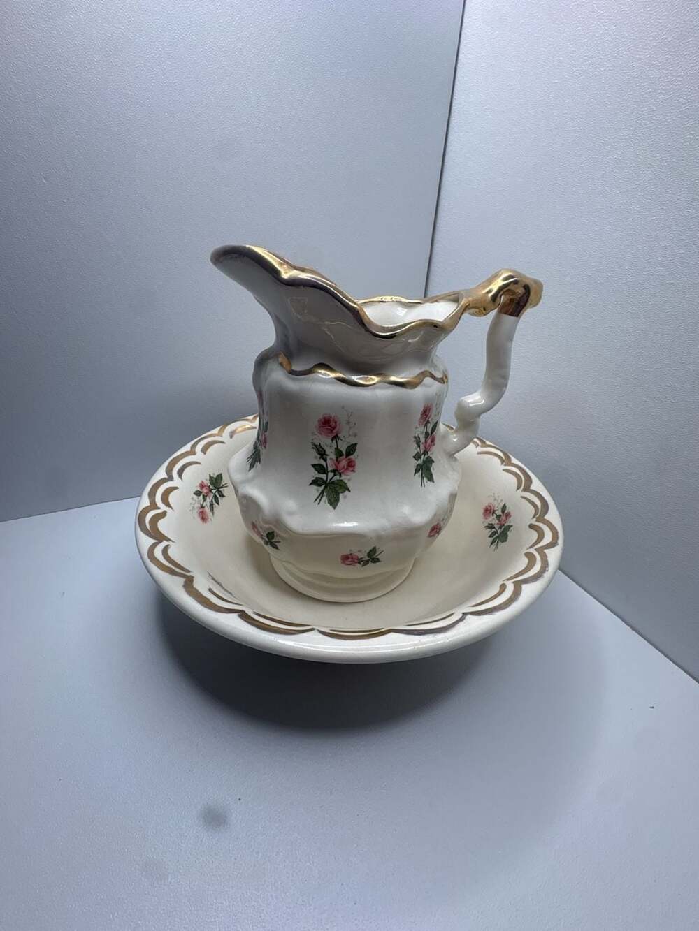 Antique Ornate Porcelain WASH PITCHER & BOWL Pink Rose/Gold 10"H x 13.25"D 1896
